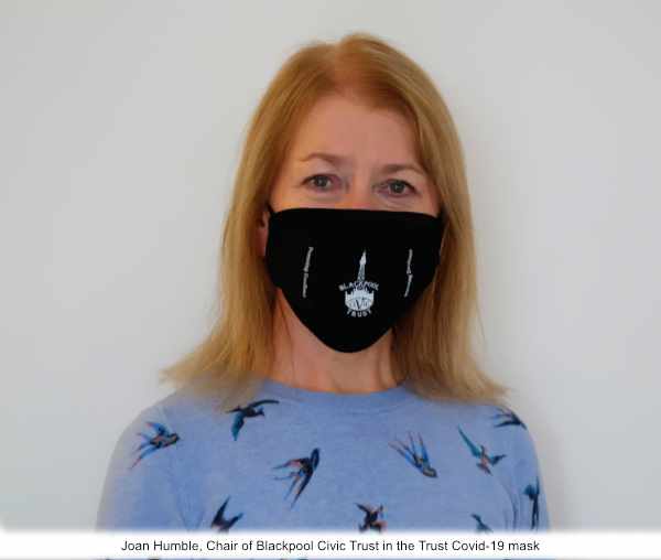 Joan Humlbe, Chair of Blackpool Civic Trust in our new face mask, free to members