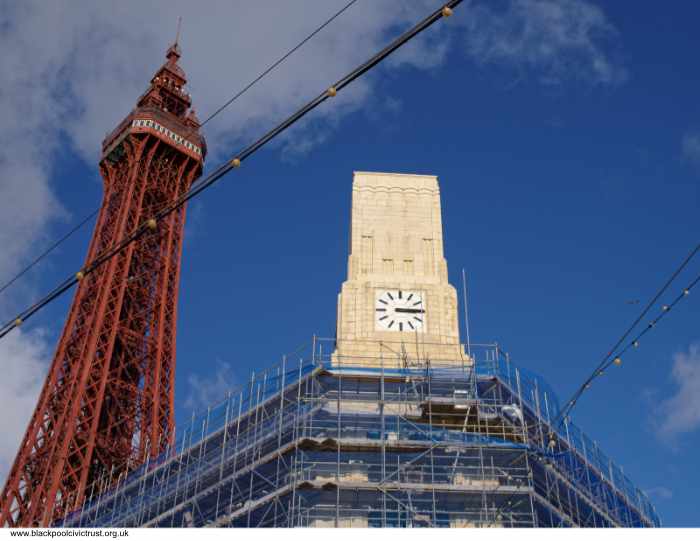 The Woolworth Building clock emerges. Blackpool, October 2021