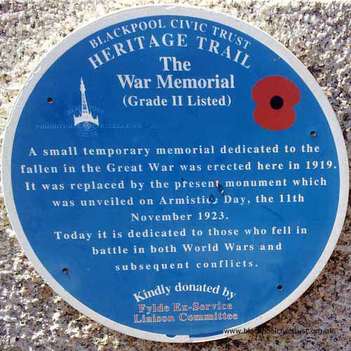 The old Blue Plaque replaced December 2023 to reflect that Blackpool War Memorial is now Grade 2* listed