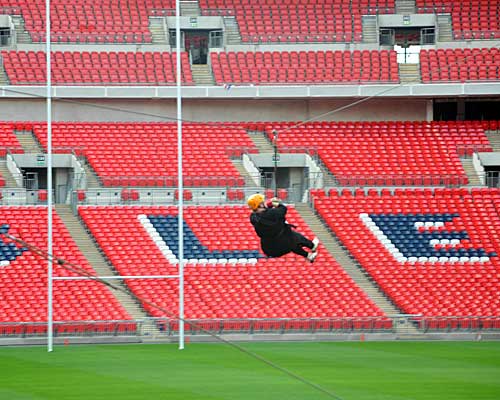 Blackpool Civic Trust Chairman Elaine Smith flying over the Wembley pitch