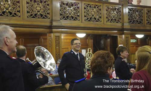 Blackpool Civic Trust Christmas 2013.  The Salvation Army Brass Band with Carol Singing, the trombonists birthday