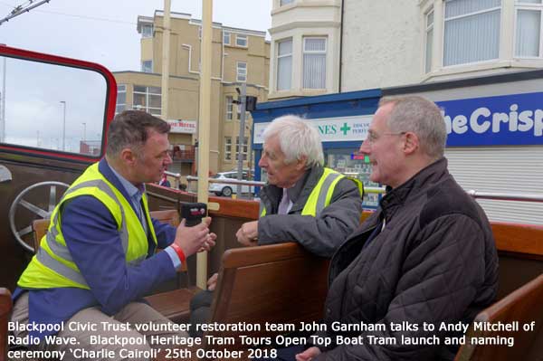 John Garnham of Blackpool Civic Trust being interviewed by Andy Mitchell of Radio Wave. Also Bryan Lindop head of Blackpool Heritage Tram Tours