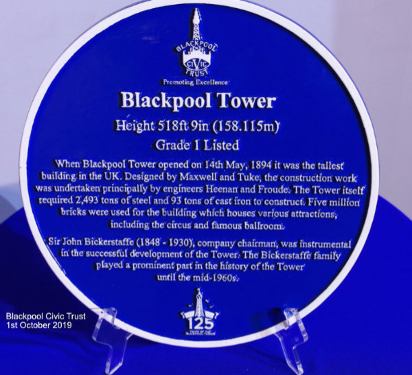 Blackpool Tower Blue Plaque 1st October 2019
