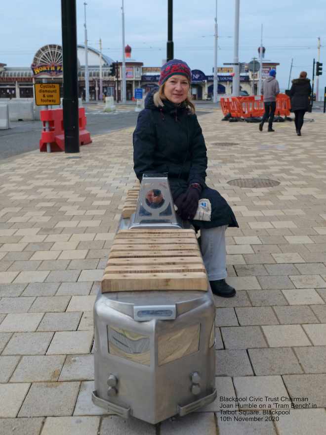 Joan Humble on one of the new tram benches in Talbot Square, Blackpool 10th November 2020