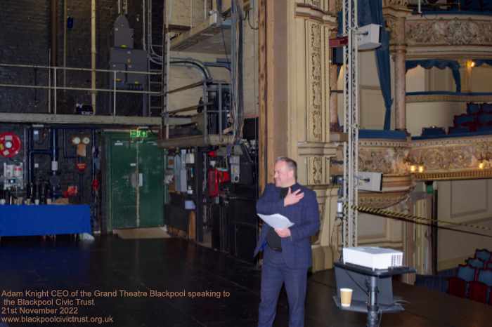 Adam Knight CEO of the Grand Theatre Blackpool speaking to the Blackpool Civic Trust 21st November 2022 at the Grand Theatre backstage