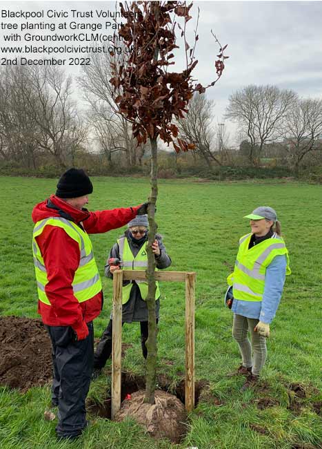 Blackpool Civic Trust vollunters planting trees at Grange Park Blackpool  Our volunteers Alan Thomson is on the left and Anna Lindsay-Thinn is on the right. Pauline Taylor of Groundwork is in the middle.