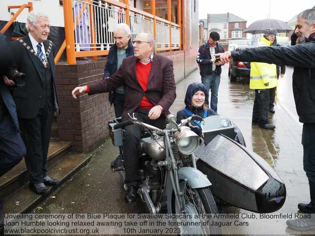 Unveiling the blue plaque for Swallow Sidecars, The Armfield Club Blackpool  10th January 2023