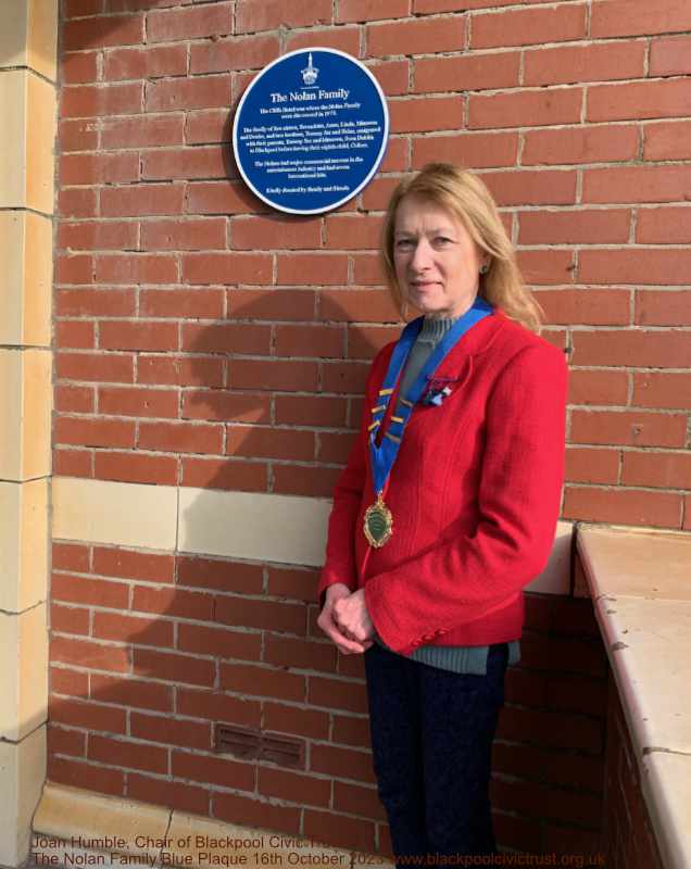 Joan Humble, Chair of Blackpool Civic Trust at the Blue Plaque unveiled 16th October 2023 at he Cliffs Hotel for the Nolan Family