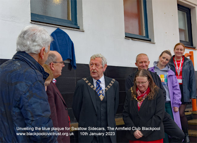Unveiling the blue plaque for Swallow Sidecars, The Armfield Club Blackpool  10th January 2023