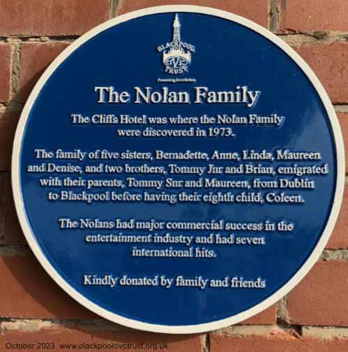Blue Plaque for the Nolan Family at the Cliffs Hotel Blackpool October 2023