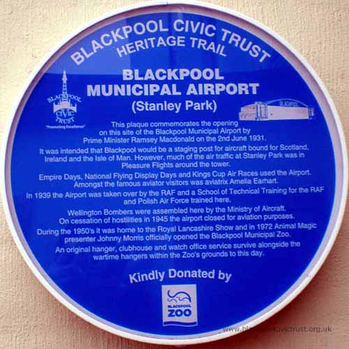 Blackpool Civic Trust, Blue Plaque, Blackpool Municipal Airport was opened in 1931 and closed in 1945. It is now the Zoo.