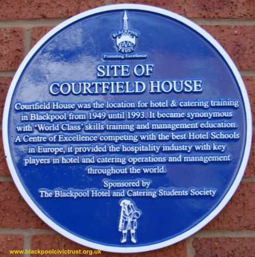 Image of the Blue Plaque for the site of Courtfield House Catering College Blackpool, mounted March 2020
