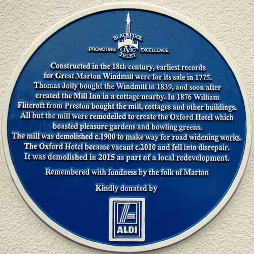 Blue Plaque, Oxford Hotel, Marton Windmill, Blackpool