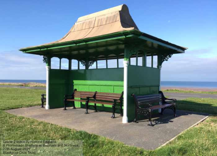 Historic England.  Blackpool Grade 2 listing of 8 Promenade Shelters in August 2021.  Blackpool Civic Trust