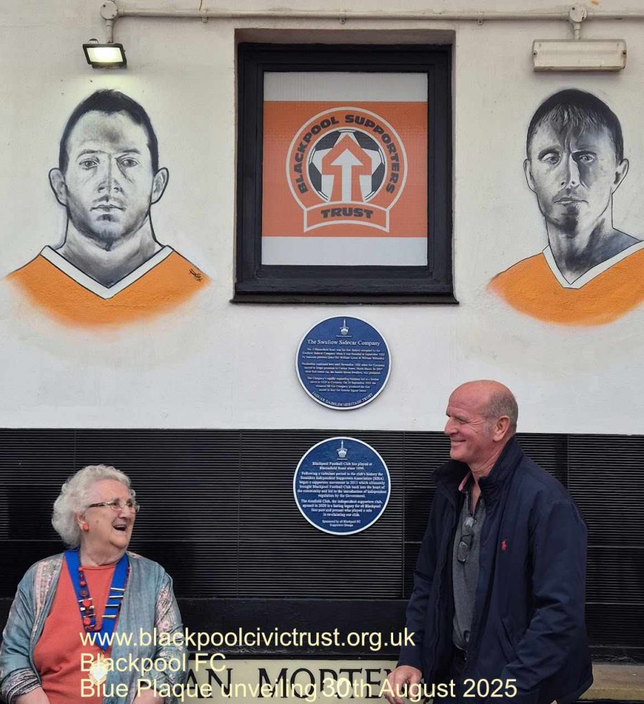 John Armfield, son of Jimmy Armfield, at the Blue Plaque unveiling with Elaine Smith MBE, Chair of Blackpool Civic Turst.